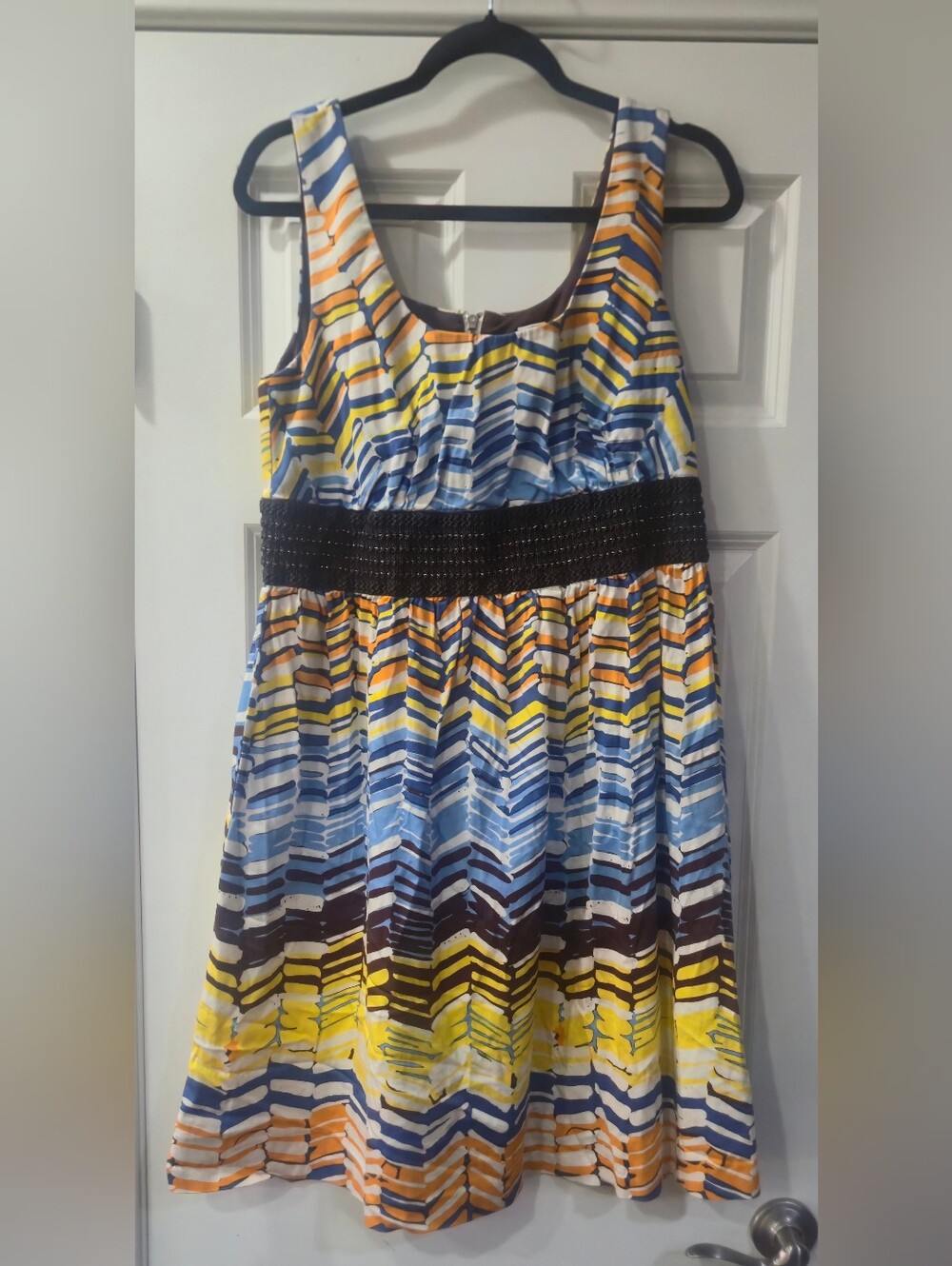 Yellow & Blue Geometric Patterned Smocked Waist Dress